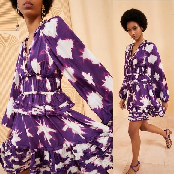 Ulla Johnson Emery Tie-Dyed Ruffle Trim Silk Mini Dress Purple/White Size 0 - Picture 1 of 10